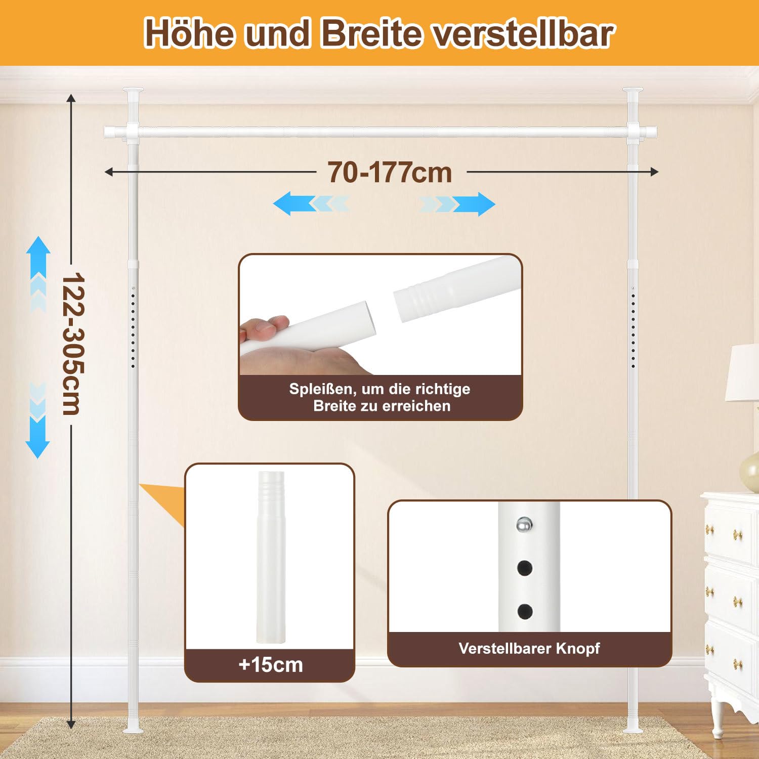 Jopassy Raumteiler Gardinenstange ohne Bohren 122–305 cm freistehend