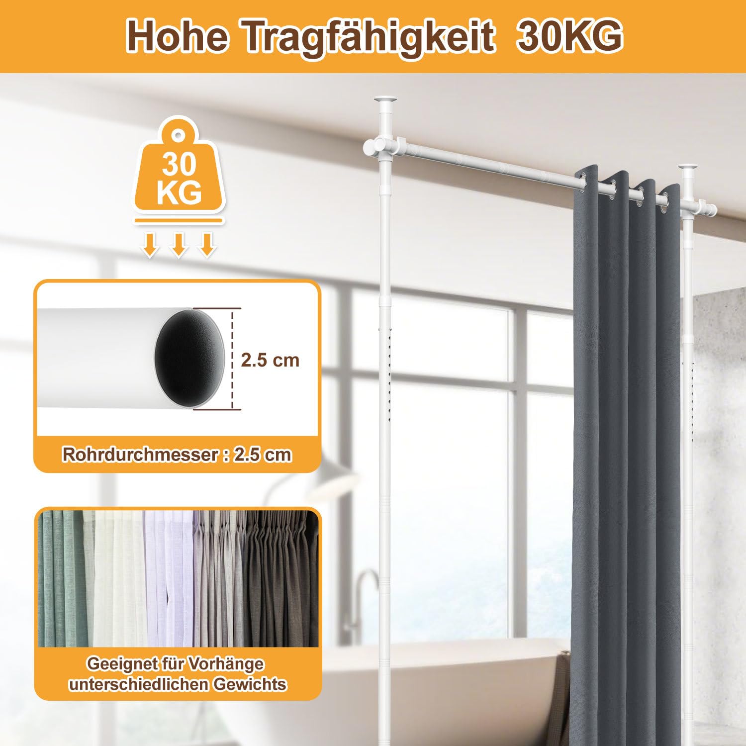 Jopassy Raumteiler Gardinenstange ohne Bohren 122–305 cm freistehend