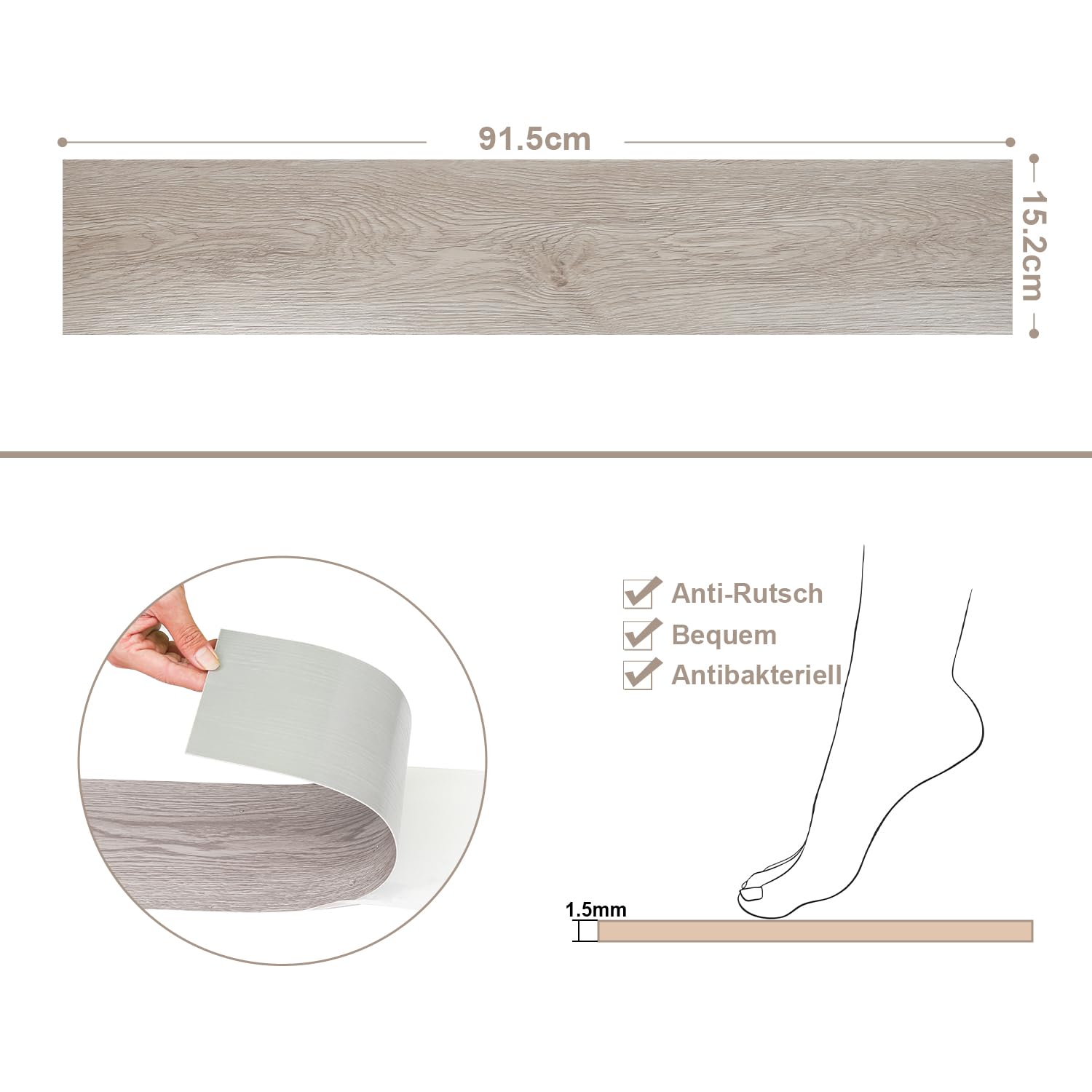 Jopassy PVC Bodenbelag selbstklebend 1,5 mm Vinylboden Holzoptik