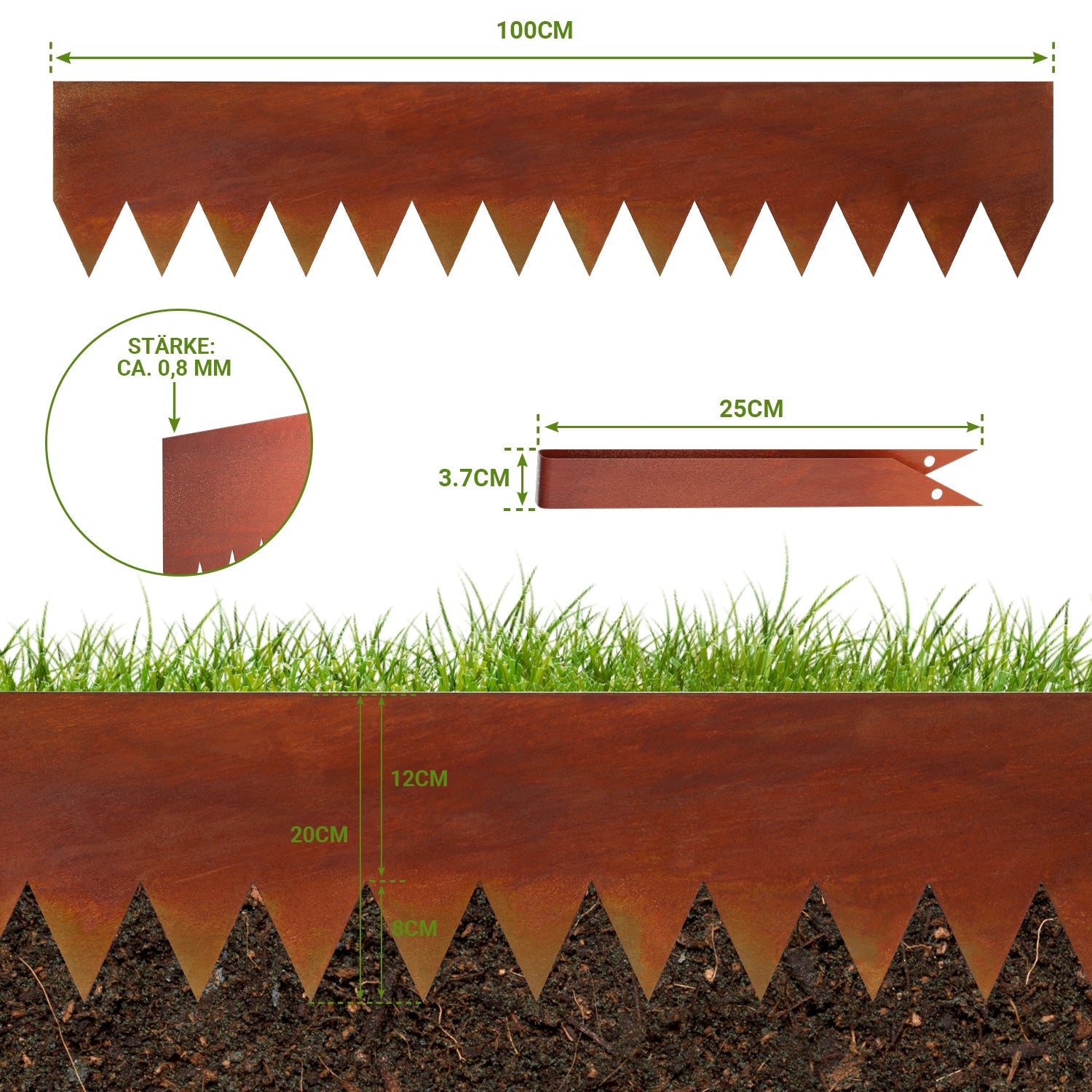 Jopassy Metall Rasenkante 20 cm mit Dornen, Beeteinfassung für Garten