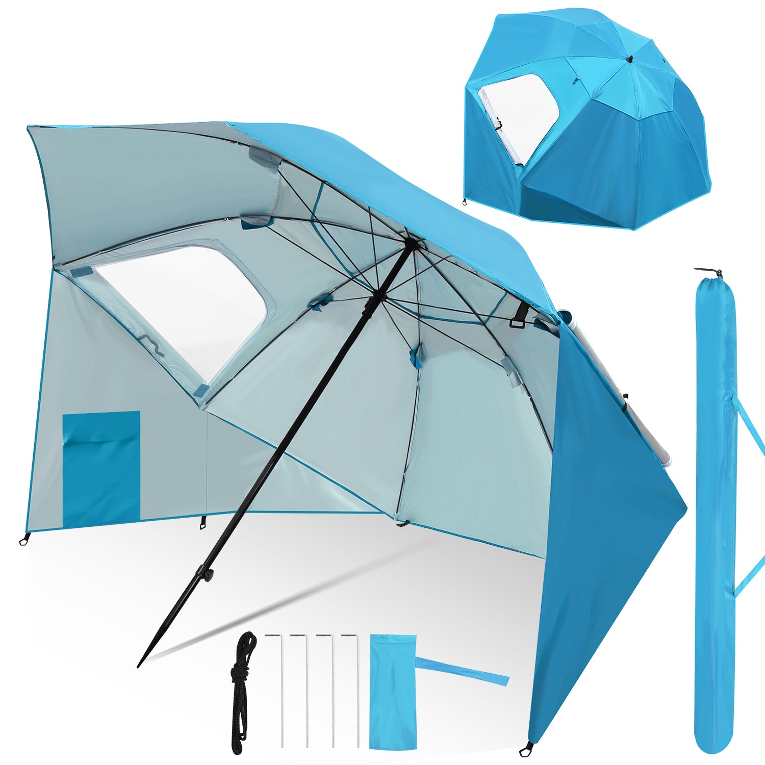 Jopassy Strandmuschel Ø210×220 cm, Sonnenschirm UV50+, 2-in-1 Alu Strandschirm mit Windschutz, faltbar & leicht