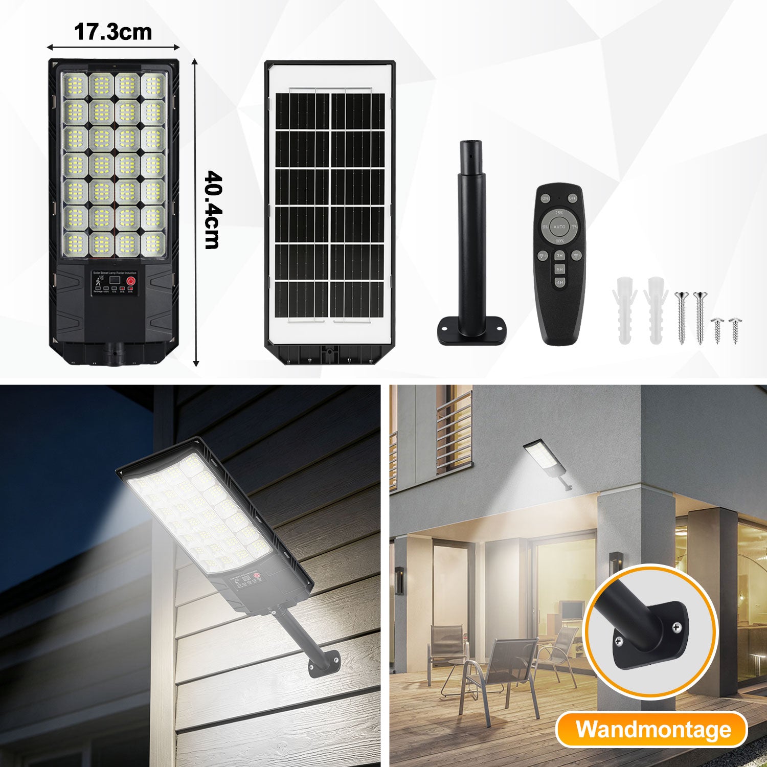 Jopassy Solar Straßenleuchte 200–1000W mit Bewegungsmelder Fernbedienung und Akkuanzeige IP65