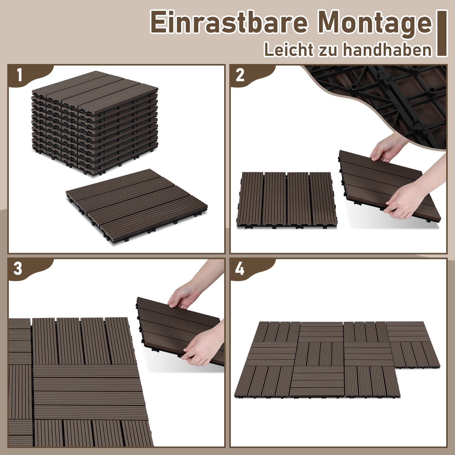 Jopassy WPC Terrassenfliesen 30x30 cm, Klickfliesen für Balkon, 1–5 m²