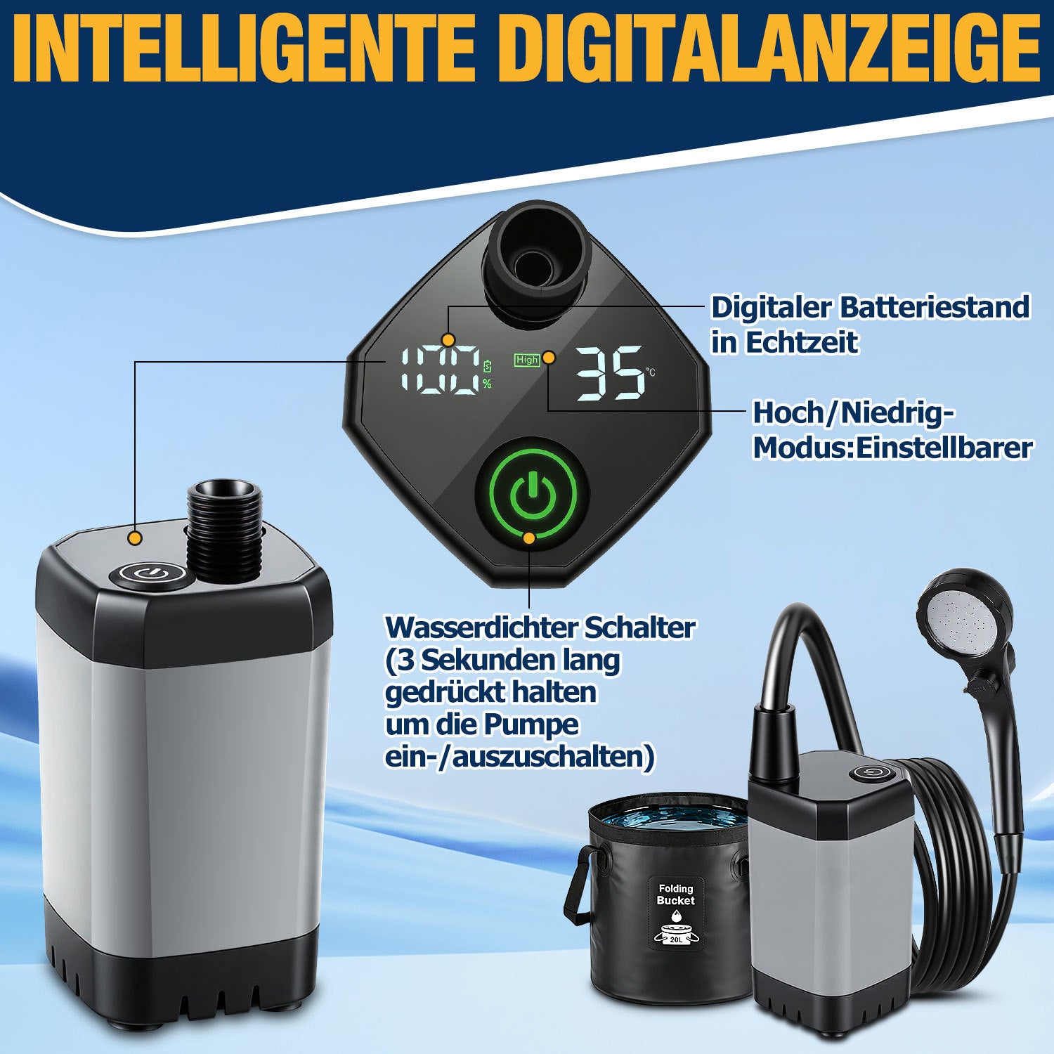 Jopassy Tragbare Campingdusche 20L mit Akku Pumpe
