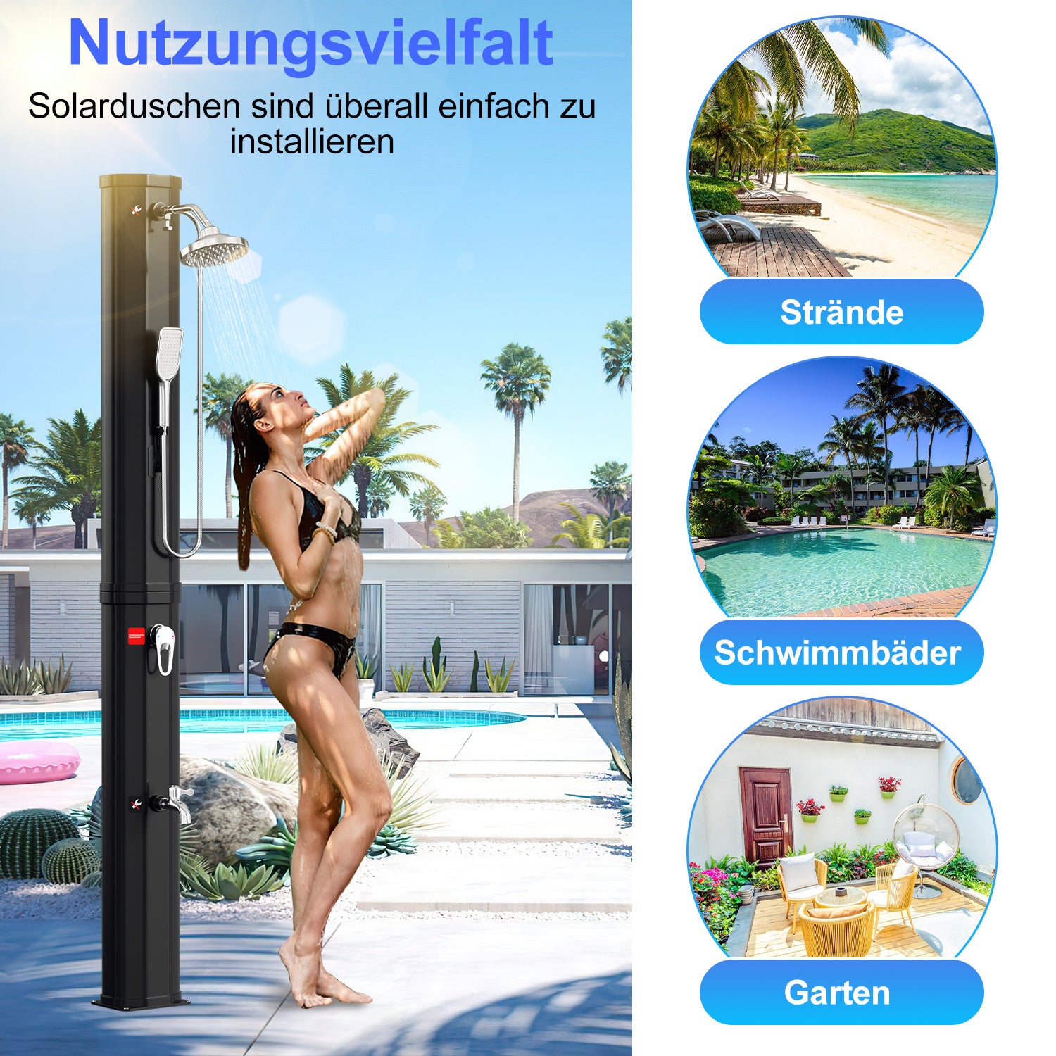 Jopassy Solardusche 20–60L mit Schutzhaube Regenduschkopf und Handbrause