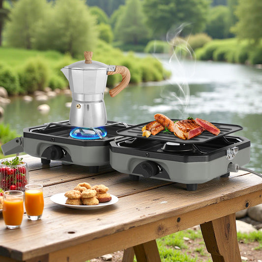Jopassy Campingkocher 2 flammig mit Grillplatte und Gasschlauch