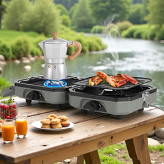 Jopassy Campingkocher 2 flammig mit Grillplatte und Gasschlauch