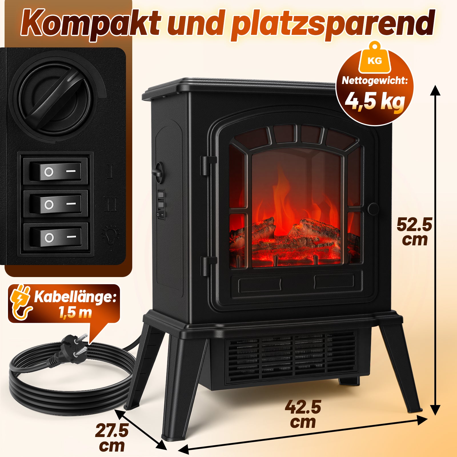 Jopassy Elektrokamin freistehend 1800W mit LED-Flammeneffekt und 2 Heizstufen