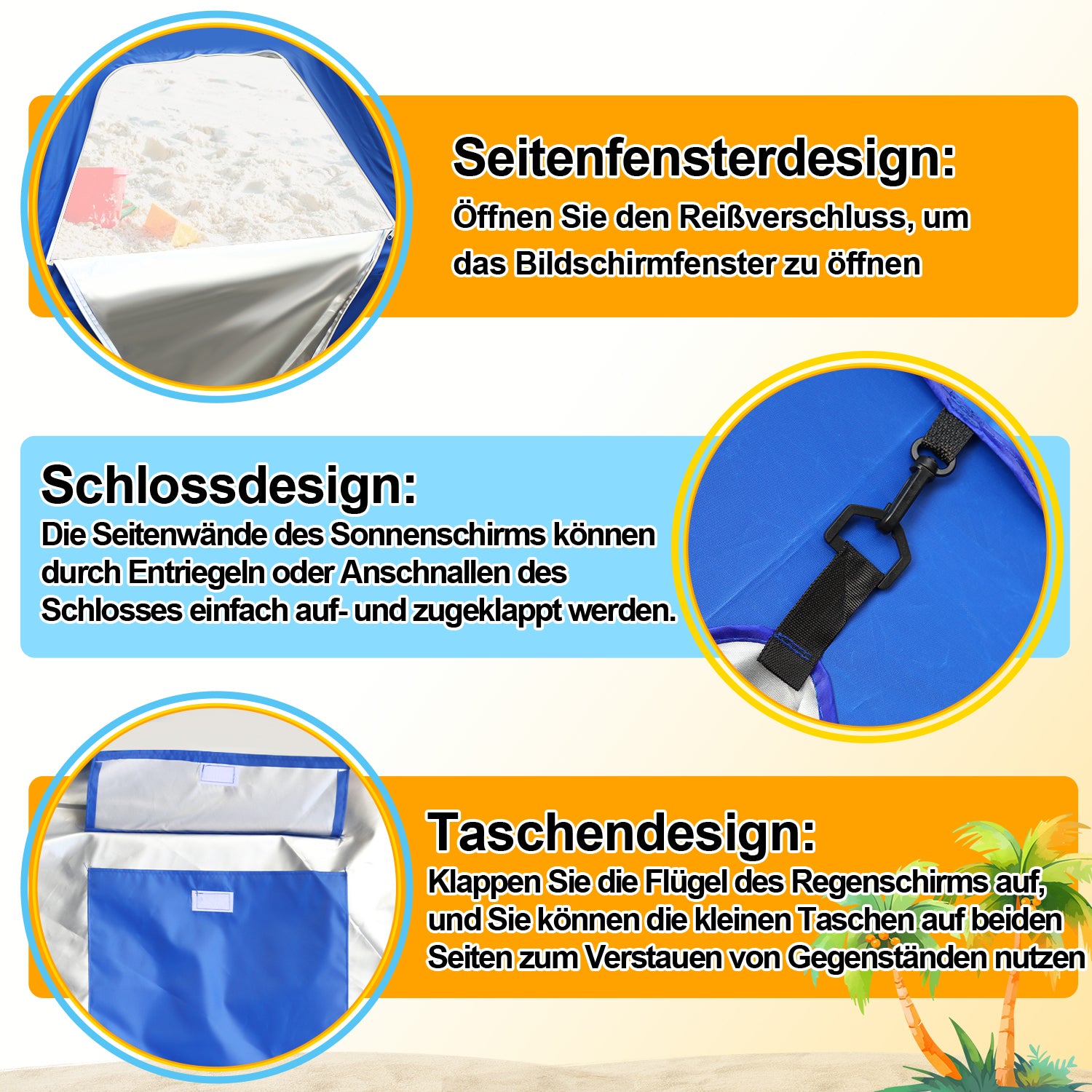 Jopassy Strandmuschel Ø210×220 cm, Sonnenschirm UV50+, 2-in-1 Alu Strandschirm mit Windschutz, faltbar & leicht