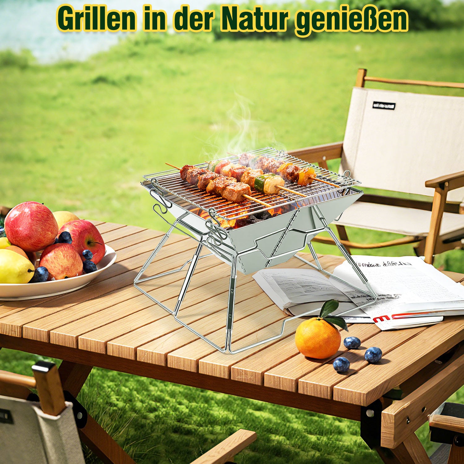 Jopassy Faltbarer Grill aus 304 Edelstahl mit höhenverstellbarem Grillrost und Tragetasche