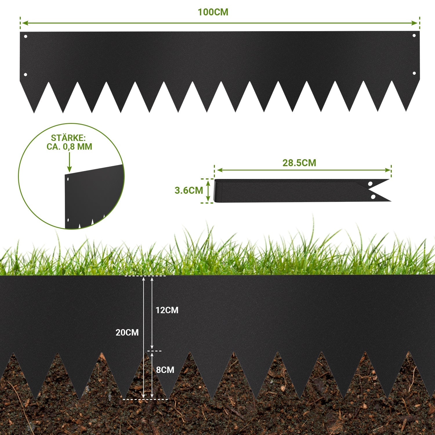 Jopassy Metall Rasenkante 20 cm mit Dornen, Beeteinfassung für Garten