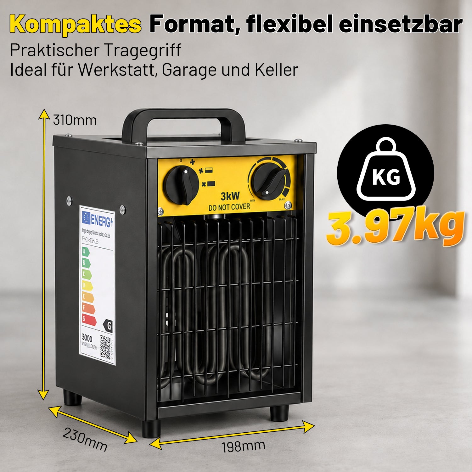 Jopassy Heizlüfter 2000/3000W Bauheizer mit Thermostat Kippschutz für 30 m²