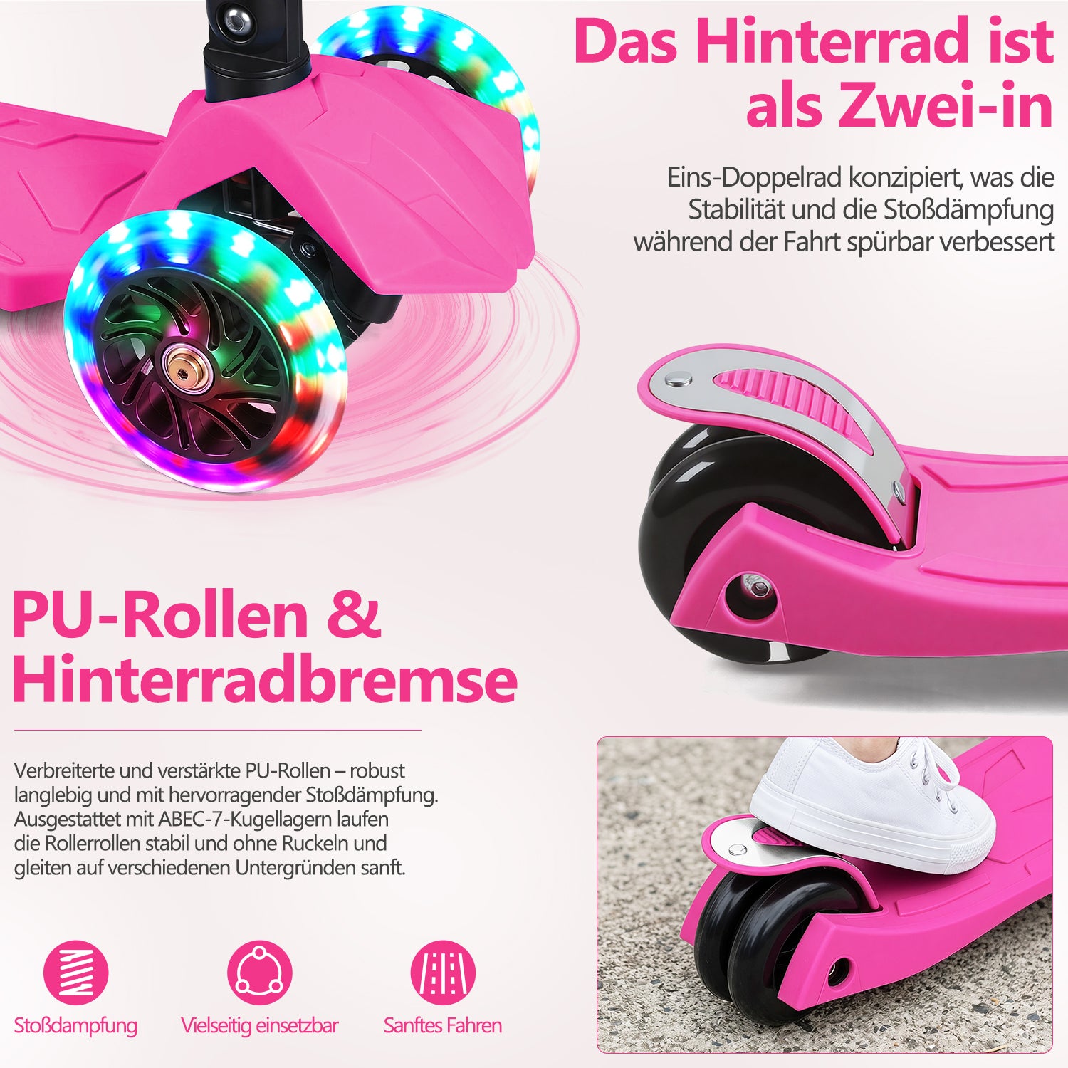 Jopassy Kinderroller mit LED Rädern klappbar 65-82 cm höhenverstellbar