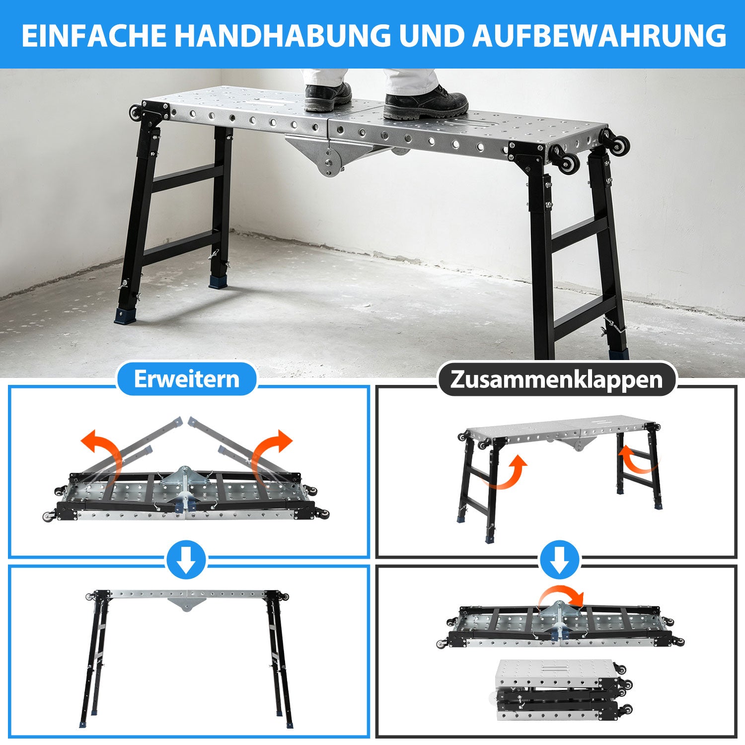 Jopassy Klappbare Arbeitsplattform 120 × 36 cm Höhenverstellbar 60–90 cm mit Rollen bis 500 kg