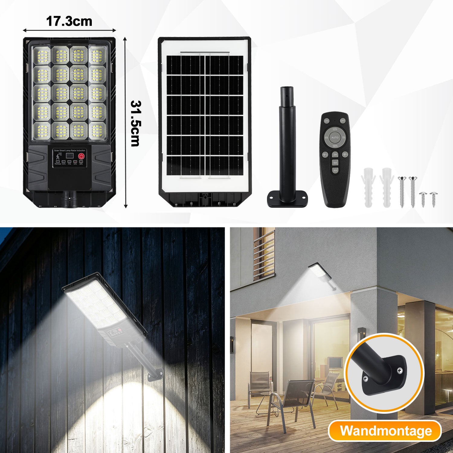Jopassy Solar Straßenleuchte 200–1000W mit Bewegungsmelder Fernbedienung und Akkuanzeige IP65