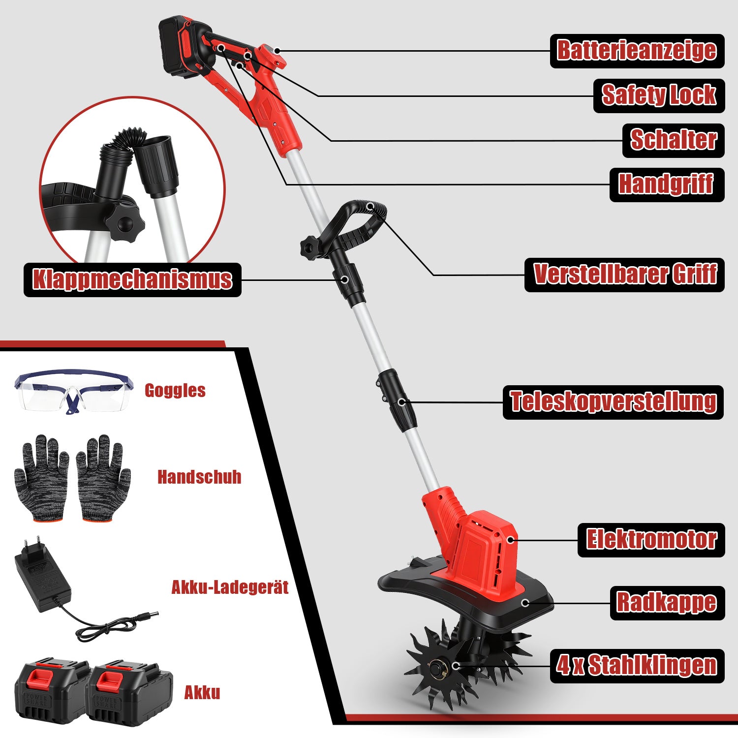 Jopassy Akku Motorhacke 400 W für kleine Gartenflächen