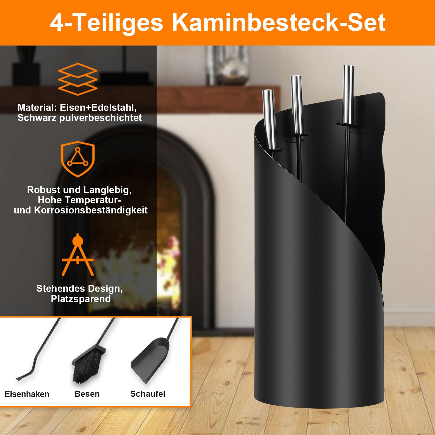 Jopassy Kaminbesteck 4-teilig mit Ständer Besen Schaufel und Schürhaken