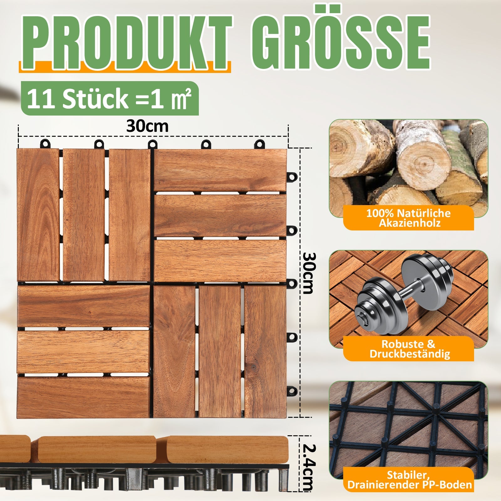 Jopassy Holzfliesen 30x30 cm, Terrassenfliesen für Balkon, 1–5 m²